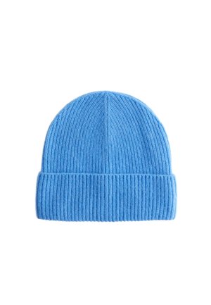 Blue ribbed knit beanie with a cuffed design. Made of soft material, it features vertical texture and a rounded top.