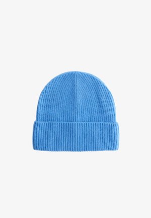 Blue ribbed knit beanie with a cuffed design. Made of soft material, it features vertical texture and a rounded top.