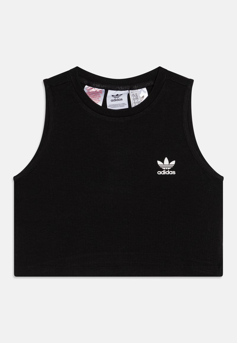 Svart ribbad croptop med rund hals och ärmlös design. Utrustad med vit adidas-logga på vänster bröst. Mjuk tygkvalitet.