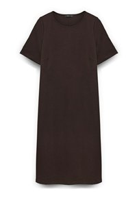 Sukienka o krótkim rękawie, sięgająca do kolan, wykonana z ciemnobrązowej bawełny. Posiada okrągły dekolt oraz rozcięcia po bokach dla dodatkowego efektu. Prosta i gładka faktura.