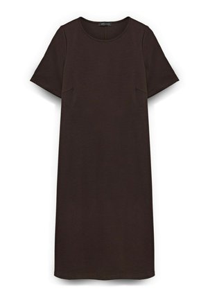 Kurzärmeliges, knielanges Kleid aus dunkelbrauner Baumwolle. Verfügt über einen Rundhalsausschnitt und seitliche Schlitze für zusätzliche Details. Schlichte und glatte Textur.