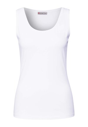 Vit ärmlös topp med rundad halsringning, tillverkad av slätt tyg. Designen är figursydd vid midjan och har ingen synlig hårdvara eller mönster.