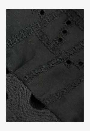 Czarna tkanina z misternym czarnym haftem i małymi otworami, z teksturowanymi wzorami i gładkimi obszarami, podkreślająca kontrast i szczegóły.