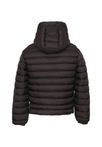Giubbotto imbottito nero con cappuccio, caratterizzato da sezioni a righe orizzontali, polsini elastici e una texture liscia e lucida.