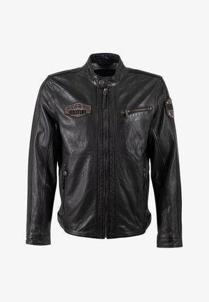 Black leather jacket featuring a high collar, front zip closure, two side pockets, and a zippered chest pocket with a branded patch.