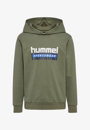 Olijfgroene hoodie met een kangoeroezak, voorzien van de tekst "hummel SPORTSWEAR" in wit en blauw. Zachte stof, ribgebreide mouwen en zoom.