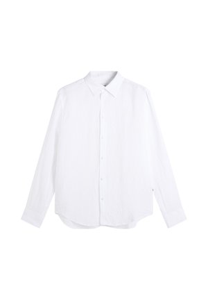 Chemise blanche à manches longues avec col classique et ourlet droit, présentée à plat sur un fond blanc.