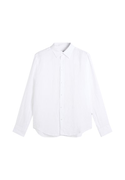 Chemise blanche à manches longues avec col classique et ourlet droit, présentée à plat sur un fond blanc.