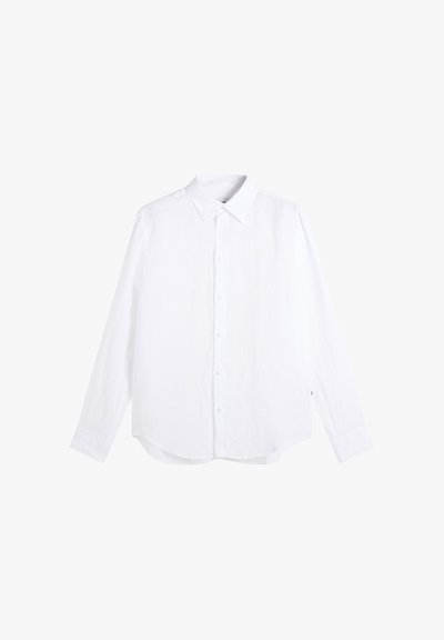 Chemise blanche à manches longues avec col classique et ourlet droit, présentée à plat sur un fond blanc.