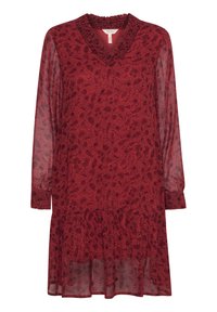 Rotes, blütenmusterndes Kleid mit V-Ausschnitt, langen Ärmeln und gerafften Manschetten. Durchsichtiger Stoff mit einem mehrlagigen Saum und einem Rüschendetail am Ausschnitt.