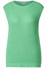 Green knitted sleeveless top with a textured finish, round neckline, and a straight cut, featuring ribbed edges at the hem and armholes.