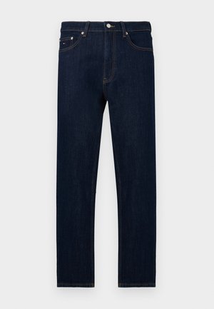 Mørkeblå denim jeans med lige snit, med en metalknap, fem lommer og orange stikningsdetaljer.