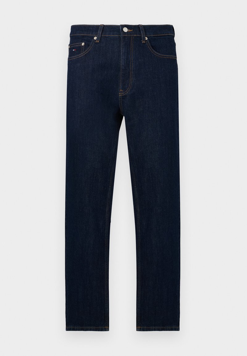 Dunkelblaue Jeans mit geradem Schnitt, ausgestattet mit einem Metallknopf, fünf Taschen und orangen Nähdetails.