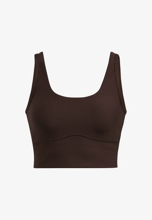 Top corto marrón de canalé con tirantes anchos, escote cuadrado y costuras sin fin a lo largo de la cintura, que presenta una textura suave.