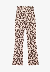 Bruine flared broek met een roze abstract luipaardprint en een elastische tailleband. Gemaakt van zachte, rekbare stof.