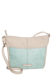 Crossbody taske med beige stof for og lyseblå læderbund. Har en slank justerbar rem og et lille mærkat.