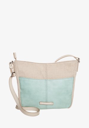 Crossbody taske med beige stof for og lyseblå læderbund. Har en slank justerbar rem og et lille mærkat.