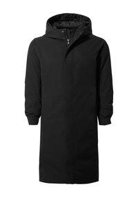Long black hooded winter coat with front zipper and snap button closure, insulated and designed for cold weather.