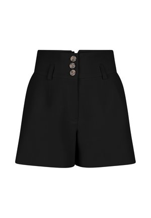 Shorts noirs taille haute avec trois boutons argentés et passants pour ceinture, présentant une coupe ajustée légèrement évasée.