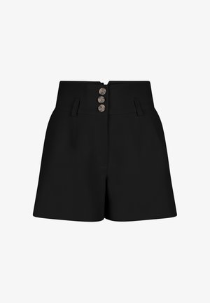 Zwarte high-waist short met drie zilveren knopen en riemlussen, met een getailleerd, licht uitlopend ontwerp.