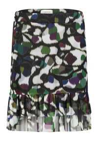 A black skirt featuring a vibrant, abstract pattern in shades of green, purple, and white, with a layered ruffled hem and elastic waistband.