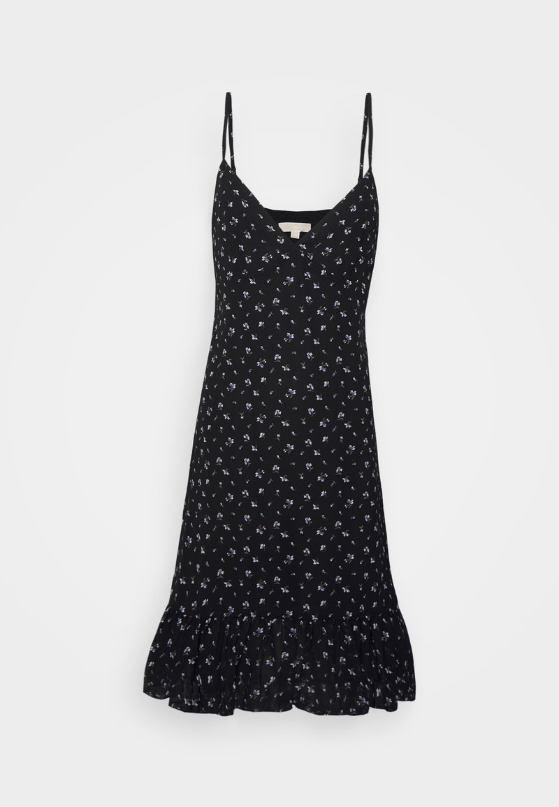 Robe noire avec fines bretelles réglables, encolure en V, ourlet volanté et motif floral bleu et blanc. Tissu léger.