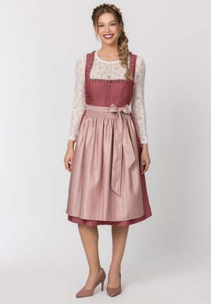 Frau trägt ein rotes gemustertes Dirndlkleid mit einer rosa Satin-Schürze und einer Spitzenbluse mit langen Ärmeln, steht und lächelt mit geflochtenem Haar.
