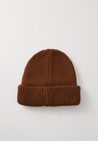 Brown knit beanie with a ribbed texture and a folded cuff at the bottom. Designed for warmth and comfort.