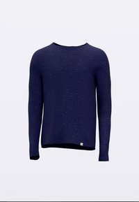 Maglione a maniche lunghe color blu navy con finitura testurizzata, scollatura arrotondata e vestibilità comoda. Presenta un'etichetta piccola con il marchio sull'orlo.