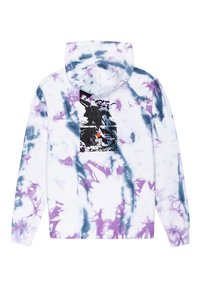 Hoodie z efektownym tie-dye w fioletowe i niebieskie wzory, z czarno-białym nadrukiem Baby Yody oraz logo Star Wars na plecach.