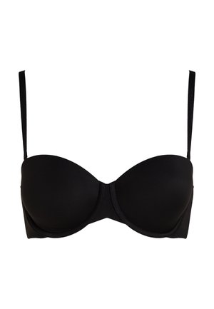 Sutiã preto com aro, copas lisas, alças ajustáveis e design sem costuras. Confeccionado em um tecido suave sem padrões ou acessórios visíveis.