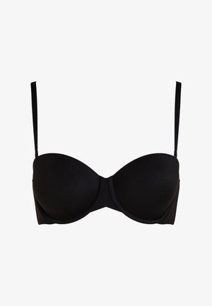 Sutiã preto com aro, copas lisas, alças ajustáveis e design sem costuras. Confeccionado em um tecido suave sem padrões ou acessórios visíveis.