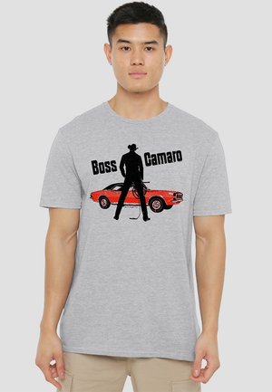 Gray cotton t-shirt with a crew neck featuring a black silhouette of a cowboy and a red Camaro, labeled "Boss Camaro" in bold text.