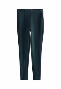 Tmavo zelené legíny vyrobené z elastického materiálu, s hladkou textúrou, slim fit strihom a jemnými vertikálnymi švami na prednej strane.