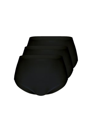 Drei schwarze High-Waist-Slips im Brief-Stil, in einer Reihe auf weißem Hintergrund gestapelt.