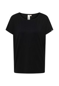 Zwarte kortekolf top met een ronde hals, voorzien van een gladde textuur en een subtiele logo-detail op één mouw. Eenvoudig, losvallend ontwerp.