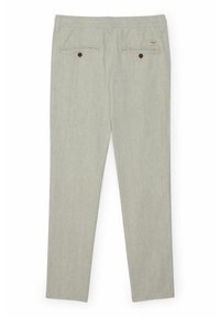 Pantalons en lin gris clair avec une coupe droite, deux poches arrière avec fermeture à bouton et une texture subtile à travers le tissu.