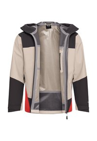 Lichtgewicht jack met capuchon, uitgevoerd in een color-block design in beige, zwart, grijs en rood, met ritssluitingen op de zakken en een gladde binnenvoering.