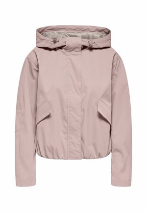 Lyserød hættejakke med forlommer med klap, elastisk talje og skjult lynlås foran.