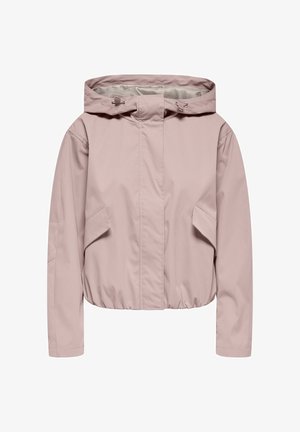 Lyserød hættejakke med forlommer med klap, elastisk talje og skjult lynlås foran.