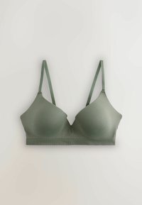 Soutien-gorge rembourré vert avec fines bretelles ajustables et bonnets sans couture, conçu pour le confort et le maintien.
