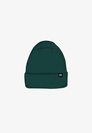 Teal knitted beanie with a fold-over cuff, featuring a subtle textured pattern and a small black circular logo on the side.