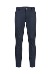 Navyblauwe op maat gemaakte broek met een soepele stofstructuur, slim fit, vier zakken en een knoopsluiting aan de voorkant.