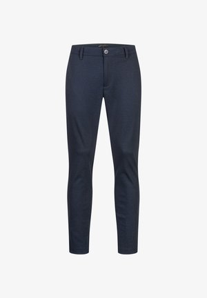 Marineblå skreddersydde bukser med en glatt tekstur, slim fit, fire lommer og knappelukking foran.