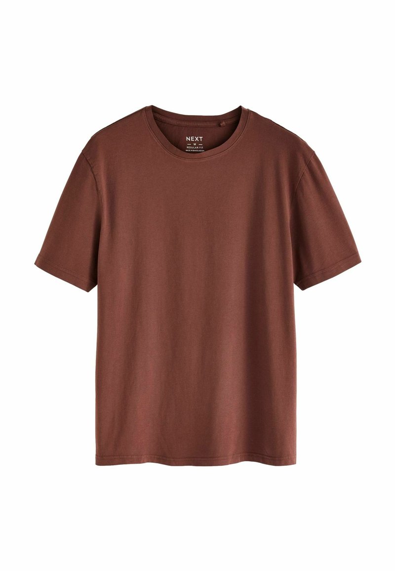 Brun bomulds t-shirt, korte ærmer, rund halsudskæring, almindelig pasform, glat tekstur, med et mærke på indersiden af halsudskæringen.