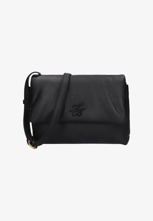 Pochette en cuir noir avec finition texturée, rabat pliant et bandoulière ajustable. Détail subtil de logo embossé.