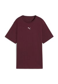 T-shirt di cotone bordeaux con collo a giro e maniche corte. Presenta un piccolo logo Puma bianco sul petto. Design semplice e essenziale.