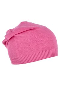 Pink knitted beanie with a soft, textured finish and a slouchy design, featuring a ribbed band at the bottom for a secure fit.