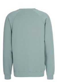 Vaaleansininen collegepaita, jossa on pehmeä rakenne, raglan-hihat, joustavat hihansuut ja helma. Yksinkertainen muotoilu ilman lisäkuvioita tai aksentteja.