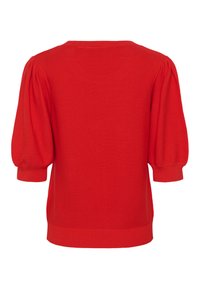 Pull en maille rouge, avec un col rond et des manches bouffantes. Texture lisse avec des poignets et un ourlet côtelés. Vue de dos affichée.